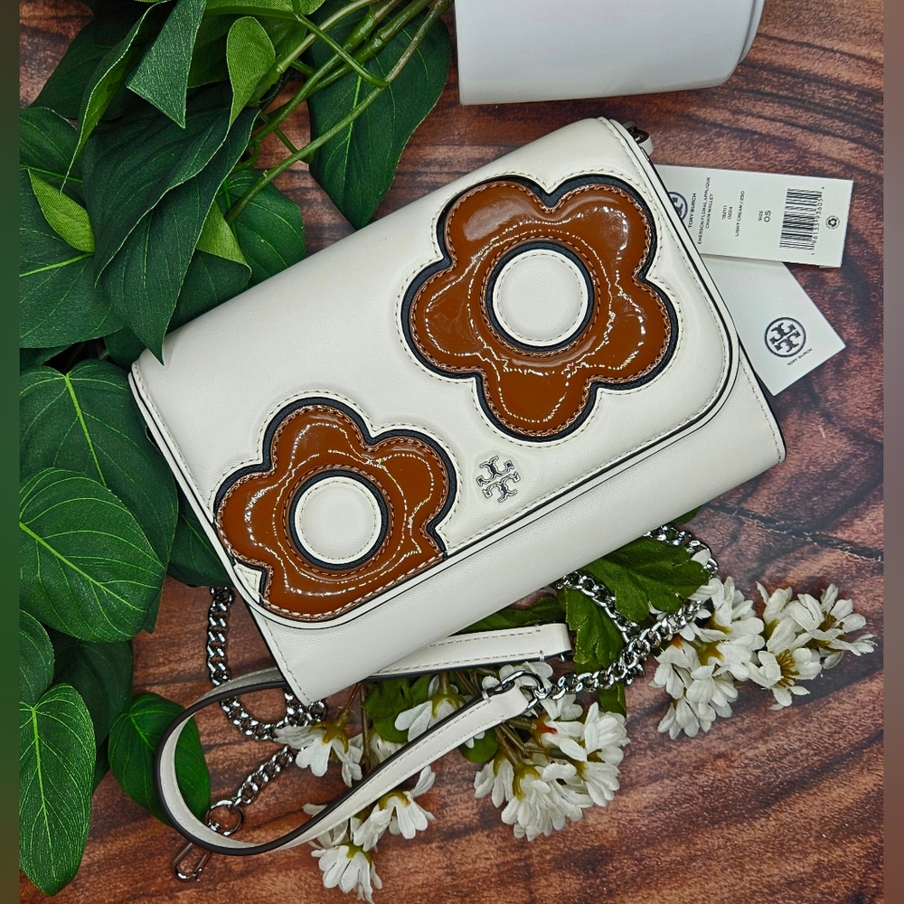 Tory Burch White brown Leather With Brown Flower Pattern Emerson Shoulder Bag Cr